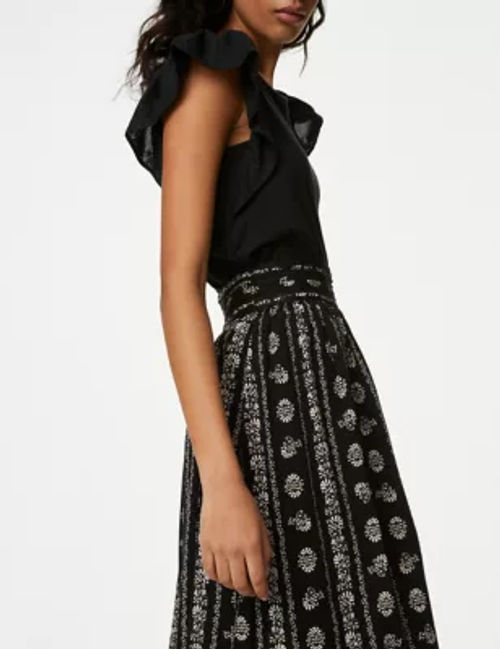 M&S Women's Printed Midi A-Line Skirt - 16LNG - Black Mix, Black Mix