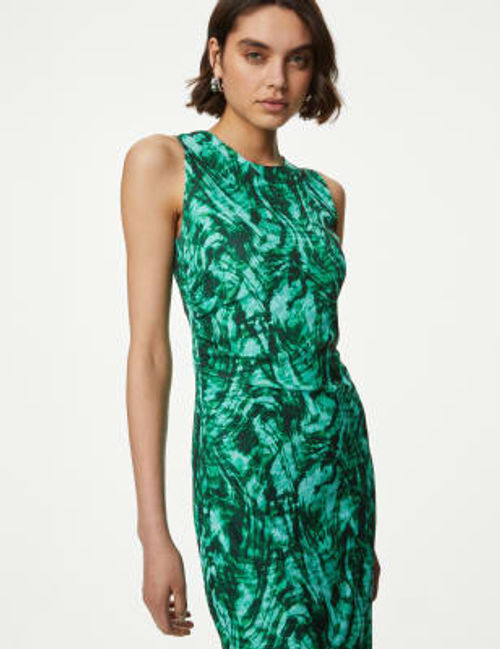 M&S Womens Printed round neck Mesh Midi Bodycon Dress - 8LNG - Green Mix, Green Mix