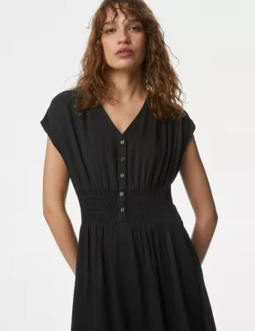 M&S Women's V-Neck Button Front Mini Waisted Dress - 10REG - Black, Black