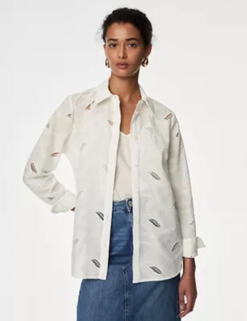 M&S Women's Pure Cotton Broderie Collared Shirt - 6REG - White, White