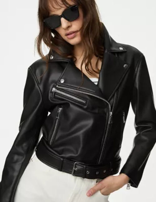 M&S Women's Faux Leather Relaxed Biker Jacket - 6 - Black, Black