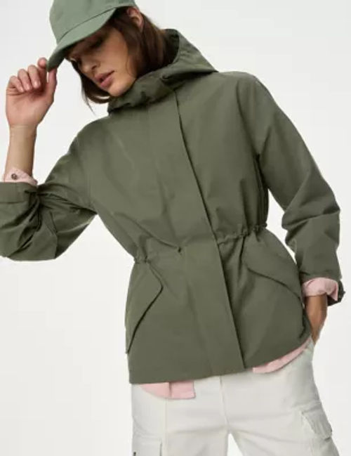 M&S Womens Stormwear™ Hooded Rain Jacket with Cotton - 16 - Hunter Green, Hunter Green,Buff