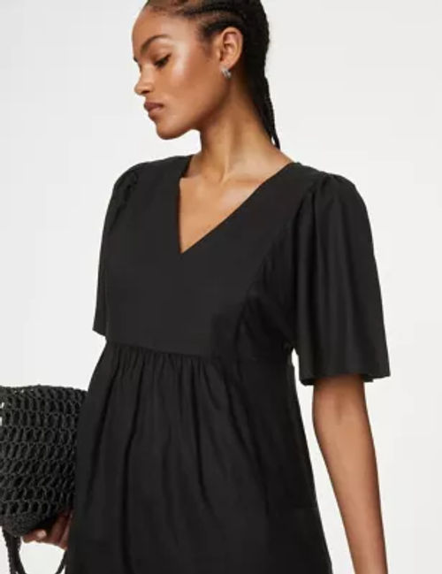 M&S Women's Linen Rich Kimono Sleeve Midi Smock Dress - 8LNG - Black, Black