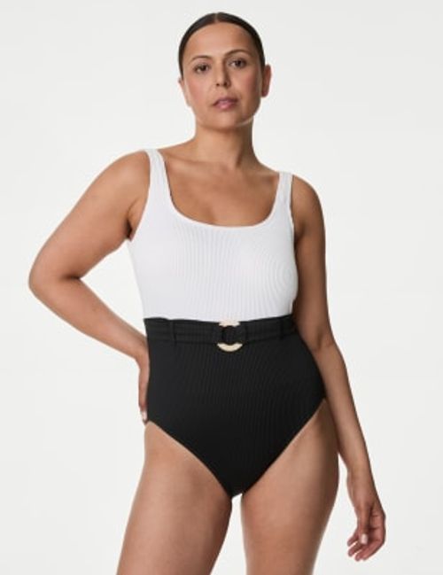 M&S Womens Post Surgery Tummy Control Belted Swimsuit - 16 - Black Mix,  Black Mix, £35.00