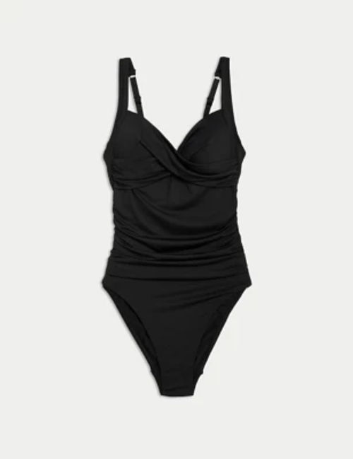 M&S Women's Tummy Control Ruched Plunge Swimsuit - 10LNG - Black, Black,Orange,Navy,Lime,Medium Green