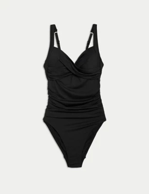 M&S Women's Tummy Control Ruched Plunge Swimsuit - 10LNG - Black, Black,Orange,Navy,Medium Green,Lime