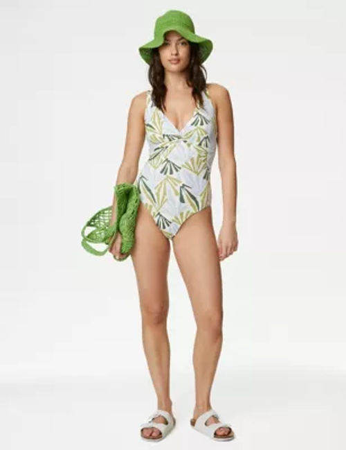 M&S Womens Tummy Control Printed Plunge Swimsuit - 10LNG - Green Mix, Green  Mix, £32.50