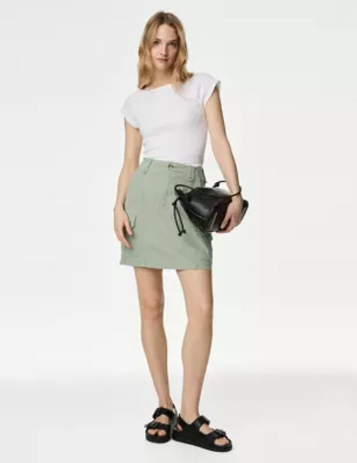 M&S Women's Cotton Rich Mini Utility Skirt - 10REG - Soft Green, Soft Green,Hessian