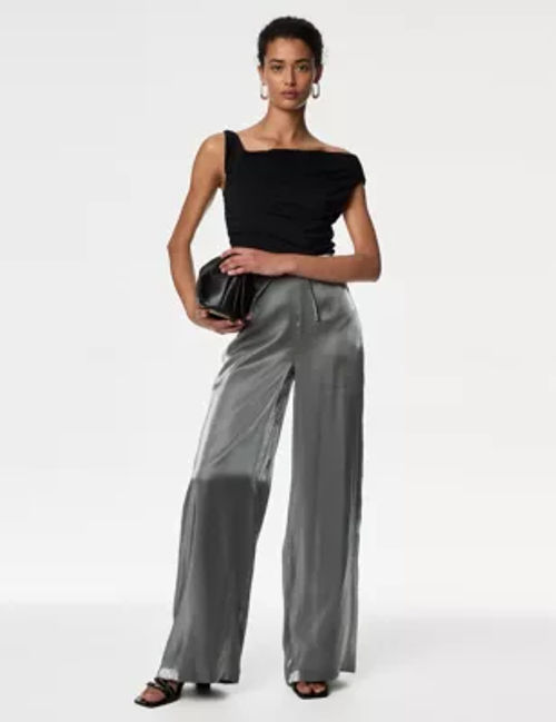 M&S Women's Metallic Drawstring Wide Leg Trousers - 12SHT - Silver Mix, Silver Mix