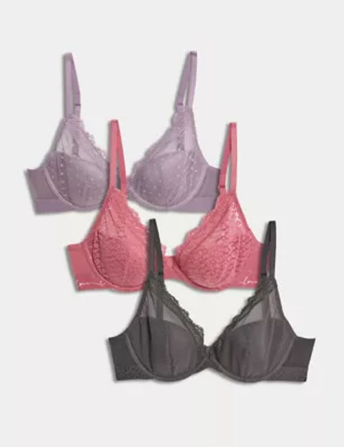 M&S Womens 3pk Lace Trim Wired Plunge Bras A-E - 32B - Raspberry Mix,  Raspberry Mix,Dusty Green, £30.00