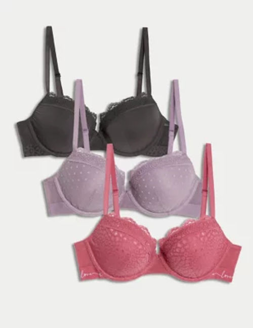 3pk Cotton & Lace Non Wired Full Cup Bras A-E