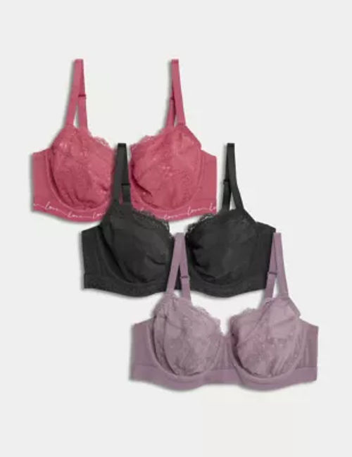 3pk Lace & Mesh Wired Balcony Bras A-E, M&S Collection