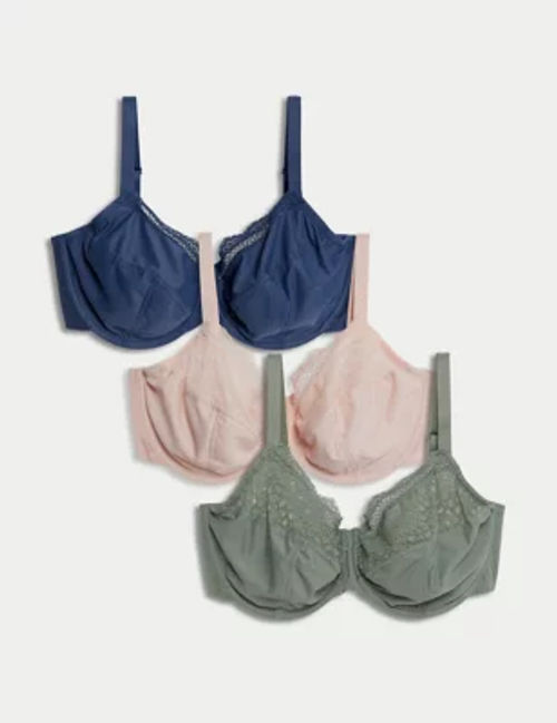 M&S Womens 3pk Wired Full Cup Bras F-H - 32G - Dusty Green, Dusty Green, £30.00