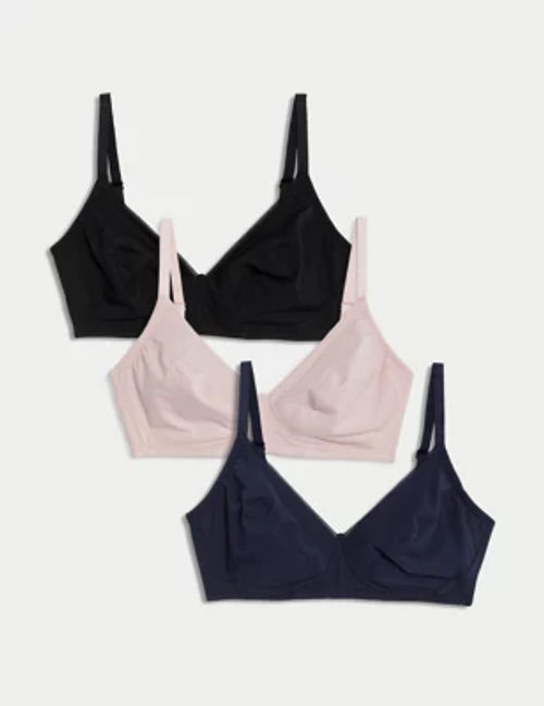 M&S Womens 3pk Cotton Non Wired Full Cup Bras A-E - 32A - Navy Mix, Navy  Mix, £18.00