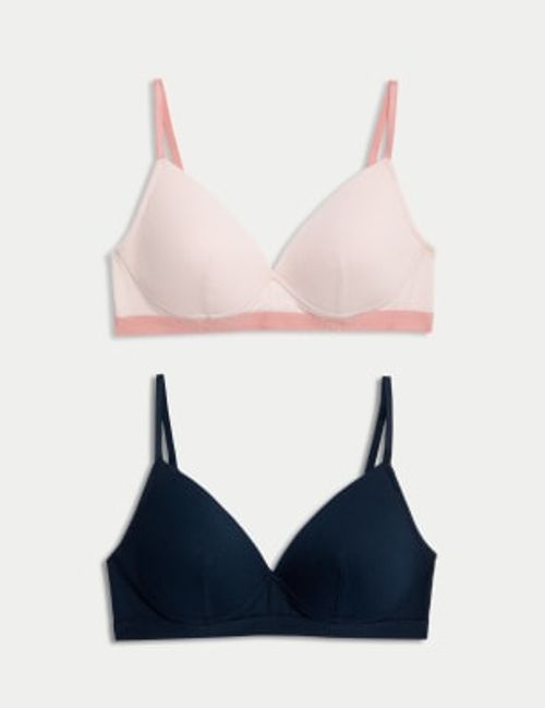 M&S Womens 2pk Non Wired Cotton Rich Ribbed First Bras AA-D - 28AA - Pink  Mix, Pink Mix,White Mix,Green Mix, £14.00