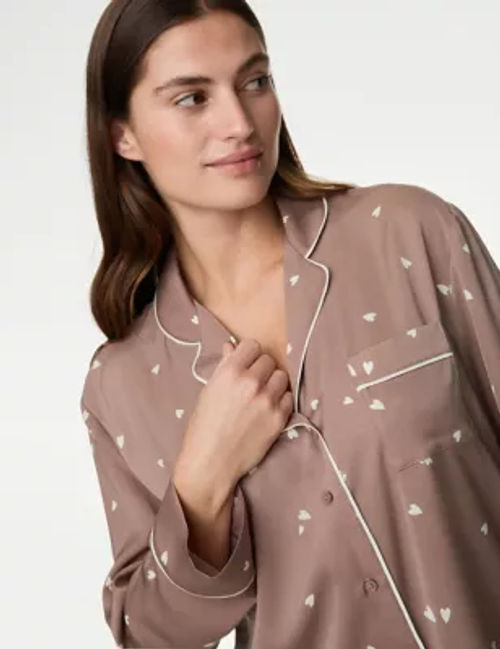 M&S Women's Dream Satin™ Heart Print Pyjama Set - 6 - Nutmeg, Nutmeg