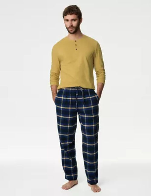 M&S Men's Brushed Cotton Checked Pyjama Set - Yellow Mix, Yellow Mix