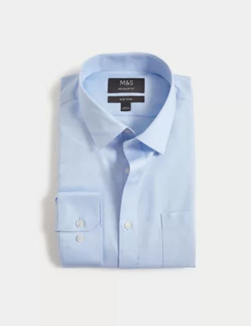 M&S Men's Regular Fit Non Iron Pure Cotton Shirt - 14.5 - Sky Blue, Sky Blue,White
