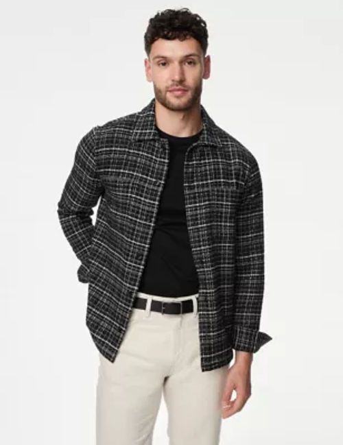 M&S Men's Pure Cotton Textured Check Overshirt - SREG - Black Mix, Black Mix,Ecru Mix