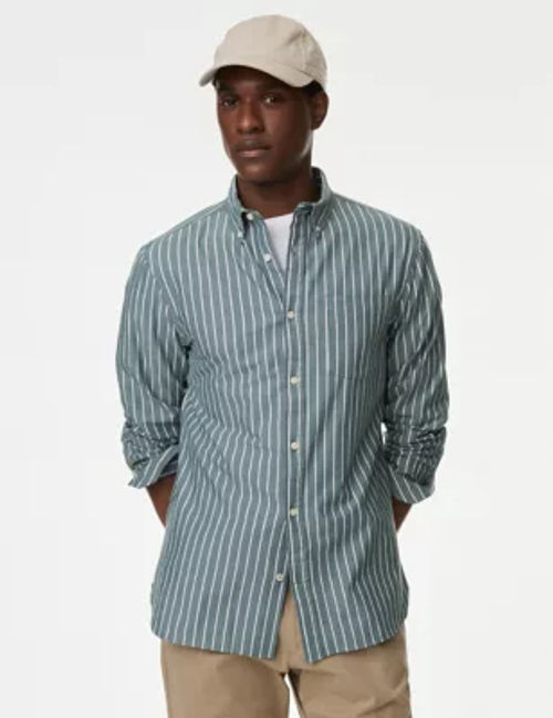 M&S Men's Cotton Rich Twill Striped Oxford Shirt - SREG - Green Mix, Green Mix,Blue Mix