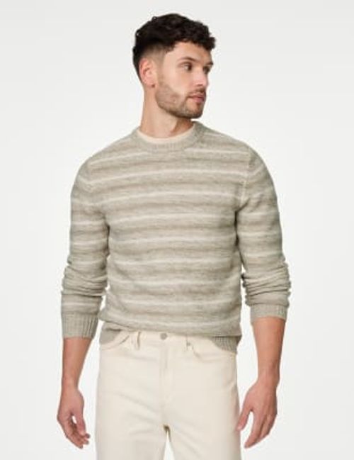 M&S Men's Cotton Blend Striped Crew Neck Jumper - SREG - Neutral, Neutral,Mid Blue