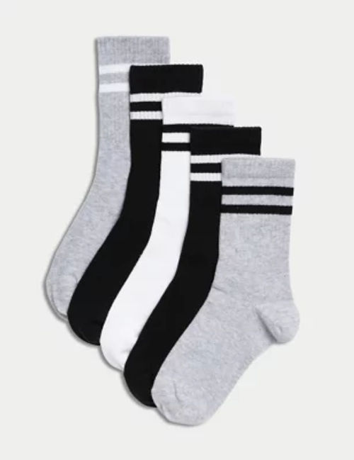 M&S 5pk Cotton Rich Striped Socks - 12+3+ - White Mix, White Mix, Compare