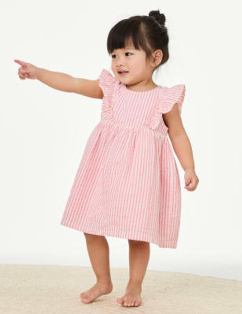 M&S Girls Pure Cotton Striped Dress (0-3 Yrs) - 0-3 M - Pink Mix, Pink Mix