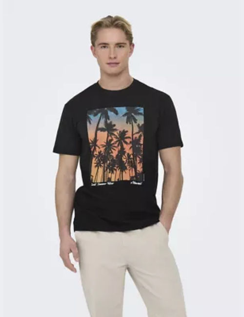 Only & Sons Men's Pure Cotton Palm Tree T-Shirt - Black Mix, Black Mix,White Mix