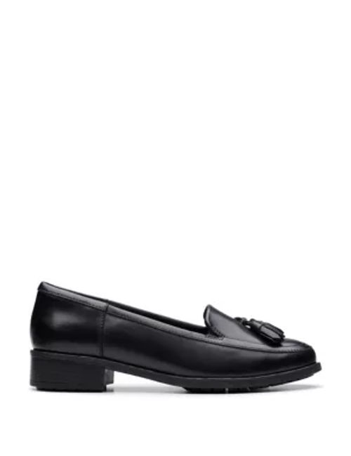 Clarks Women's Leather Tassel Block Heel Loafers - 7.5 - Black, Black