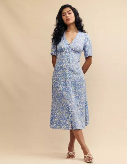 Nobody'S Child Women's Printed V-Neck Midi Tea Dress - 12 - Blue Mix, Blue Mix