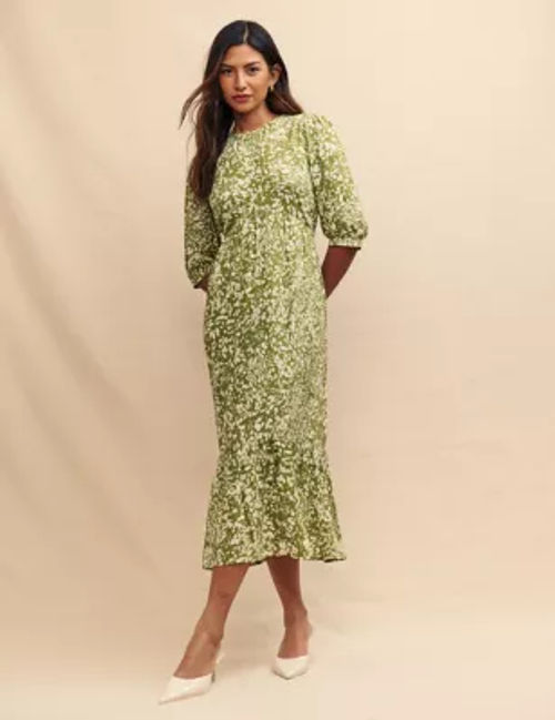 Nobody'S Child Women's Printed Round Neck Midi Tea Dress - 12 - Green Mix, Green Mix