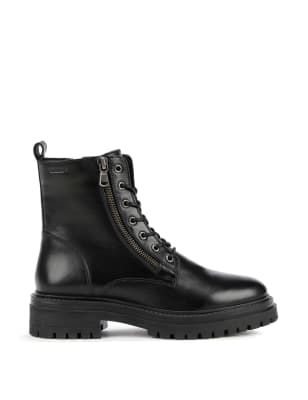 Geox Womens Leather Lace Up Block Heel Ankle Boots 3 Black