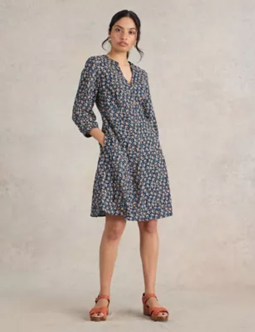 White Stuff Women's Floral Notch Neck Knee Length Tea Dress - 6 - Navy Mix, Navy Mix