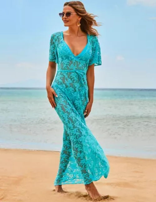 Sosandar Women's Pure Cotton Lace V-Neck Maxi Beach Dress - 12 - Blue, Blue