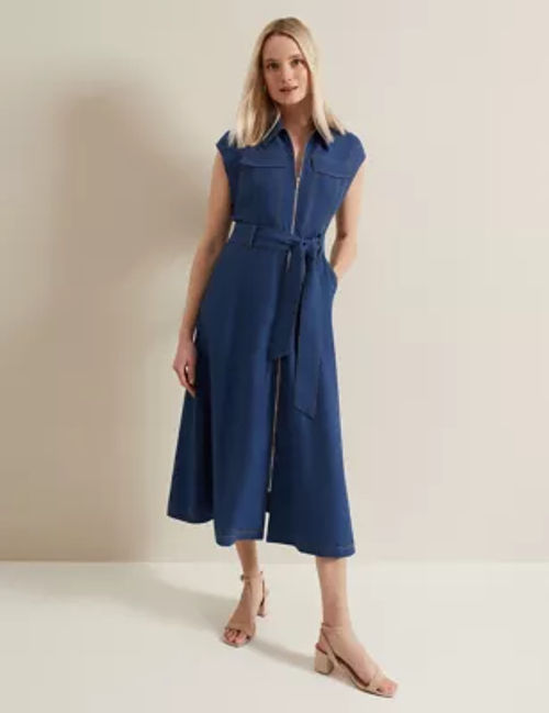 Phase Eight Women's Linen Rich Denim Midi Shirt Dress - 6 - Blue, Blue