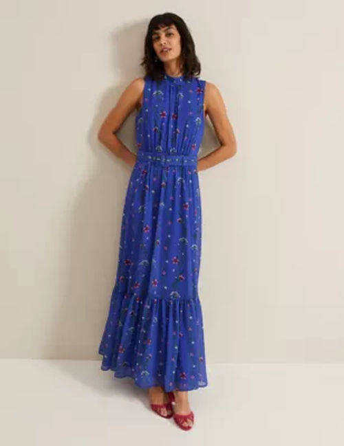 Phase Eight Women's Floral Belted Maxi Tiered Dress - 8 - Blue Mix, Blue Mix