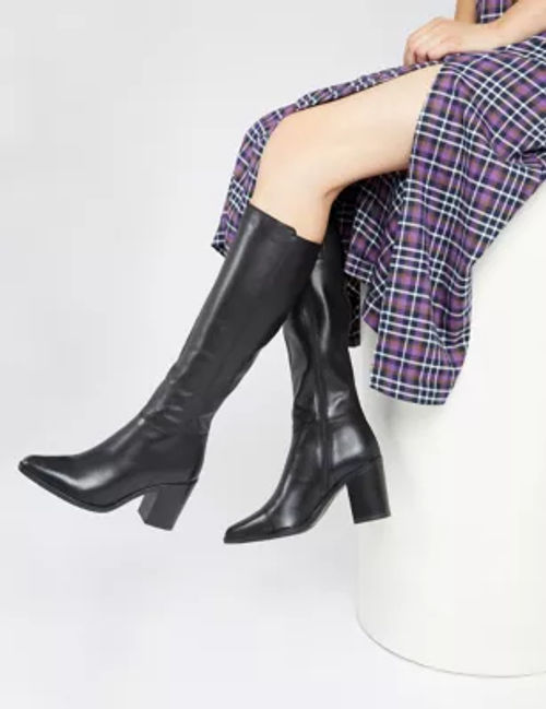 Jones Bootmaker Women's Wide Calf Leather Block Heel Knee High Boots - 3 - Black, Black