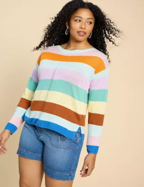 White Stuff Women's Pure Linen Striped Crew Neck Jumper - 8 - Teal Mix, Teal Mix