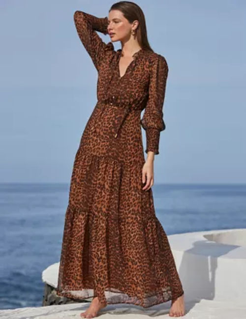 Buy Sosandar Brown Animal Print Blouson Sleeve Wrap Maxi Dress