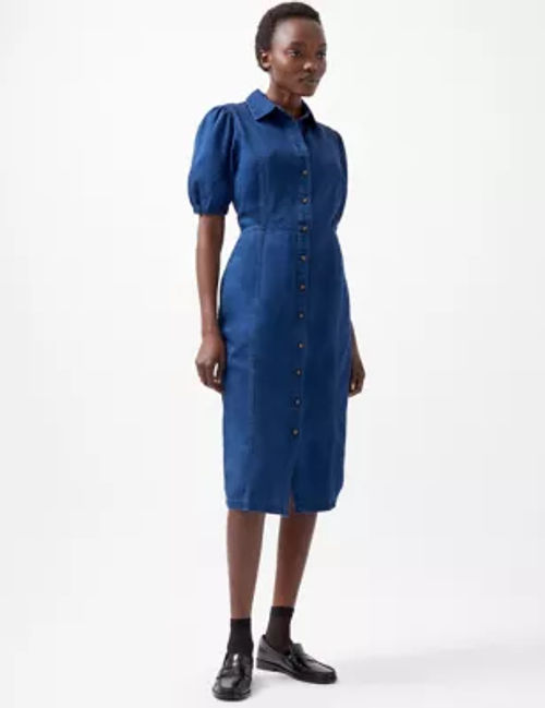 French Connection Women's Pure Cotton Collared Midi Shirt Dress - 8 - Blue Denim, Blue Denim