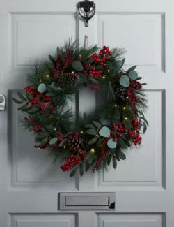 M&S Pre-Lit Pine Cone & Red Berry Wreath - Red Mix, Red Mix