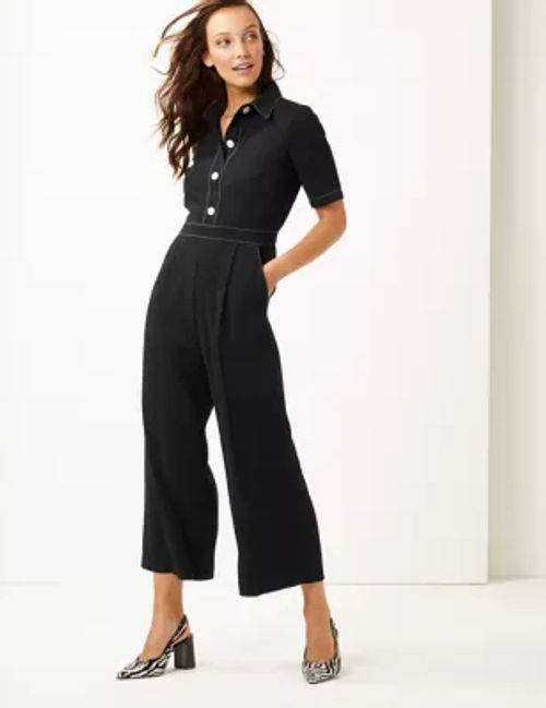 Denim Belted Short Sleeve Wide Leg Jumpsuit, SOSANDAR