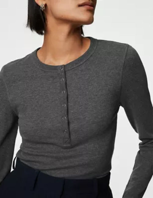 Cotton Rich Ribbed Henley Top, M&S Collection