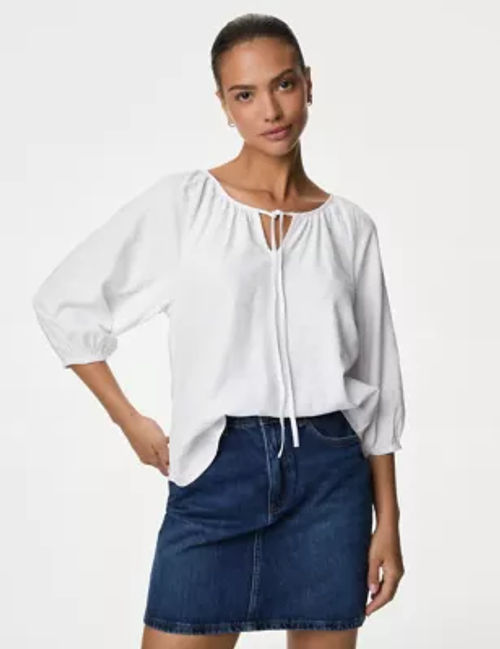 M&S Women's Linen Rich Tie Neck Blouse - 8 - White, White