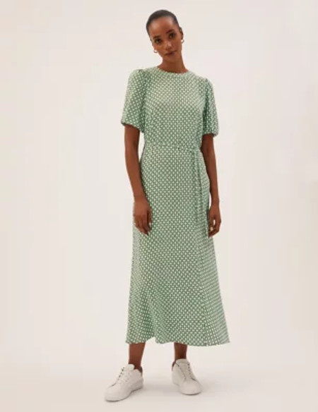 M&S Womens Geometric Belted Midaxi Column Dress - 18LNG - Green Mix, Green Mix