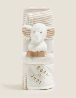 M&S Unisex Boys Girls Born in 2021 Elephant Gift Set - White Mix, White Mix