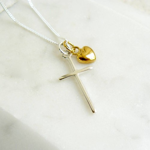 Cross And Heart Necklace Silver And Gold Vermeil, Silver