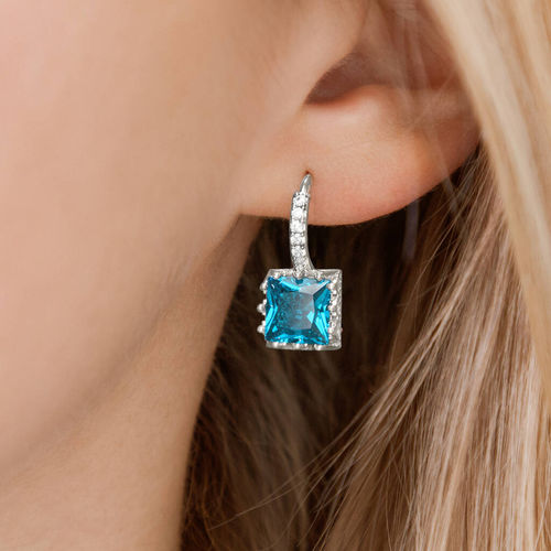 Sky Blue Crystal Encrusted Square Hoop Earrings, Blue/Clear/Silver