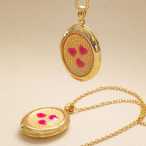 Pink Hearts Gold Plated Oval Locket Necklace, Gold