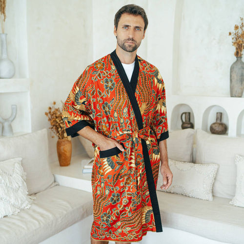 Men's Batik Kimono Robe In Red